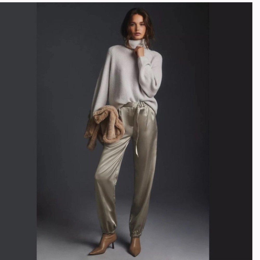 Anthropologie Maeve Satin Joggers w/ Belt Champagne Quiet Luxury Sophisticated - Picture 1 of 16